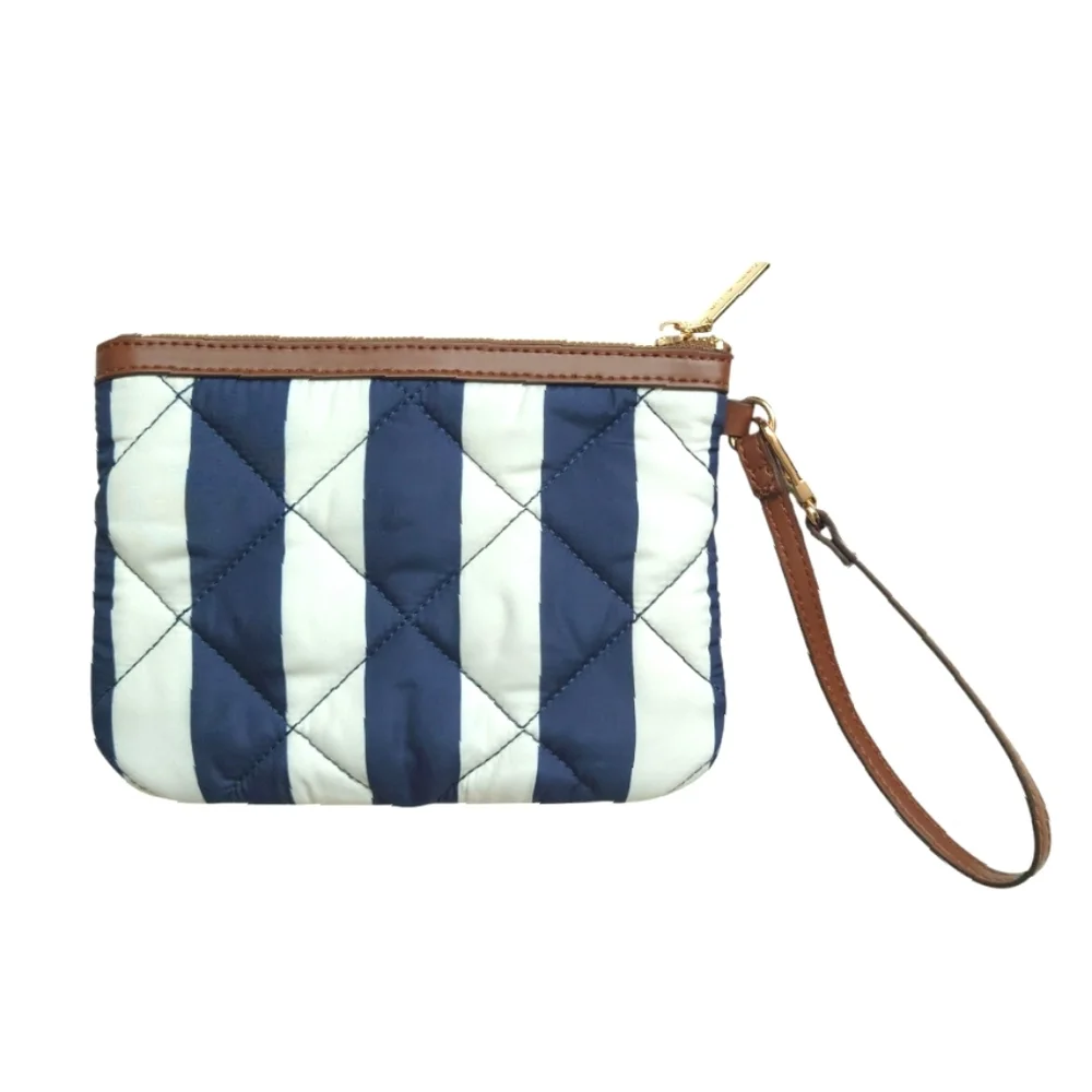 ANNE KLEIN Quilted Wristlet Pouch White Navy Stripes Faux Brown Leather Trim